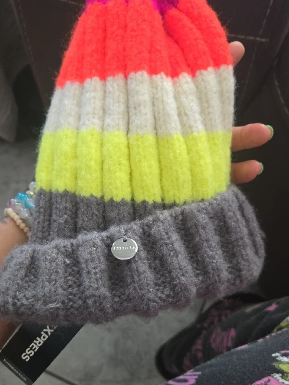 Express Women's Hot Pink Knit Beanie & Multicolor Stripe Beanie Set